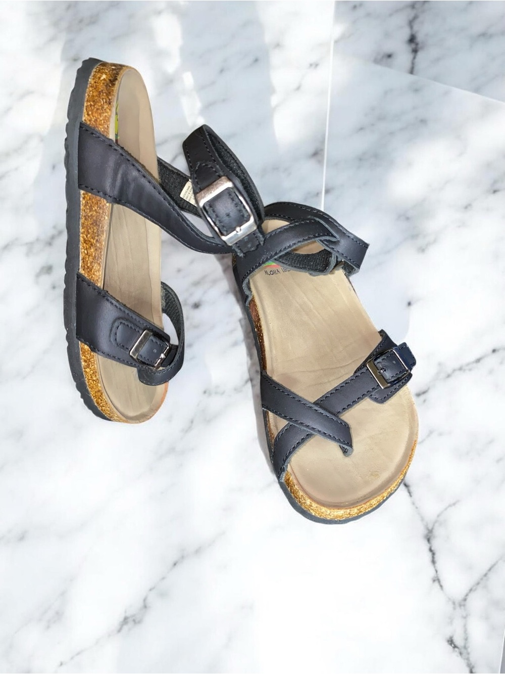 Aloha Island strappy sandals cork footbed and black ankle straps kids sz 2